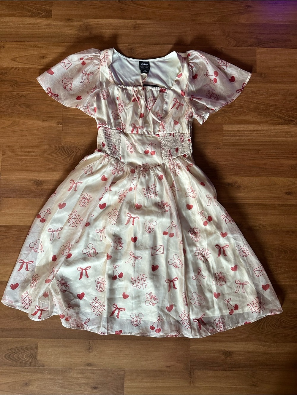 Disney Cream with Red Mickey & Minnie Mouse Character Print Smocked Dress S